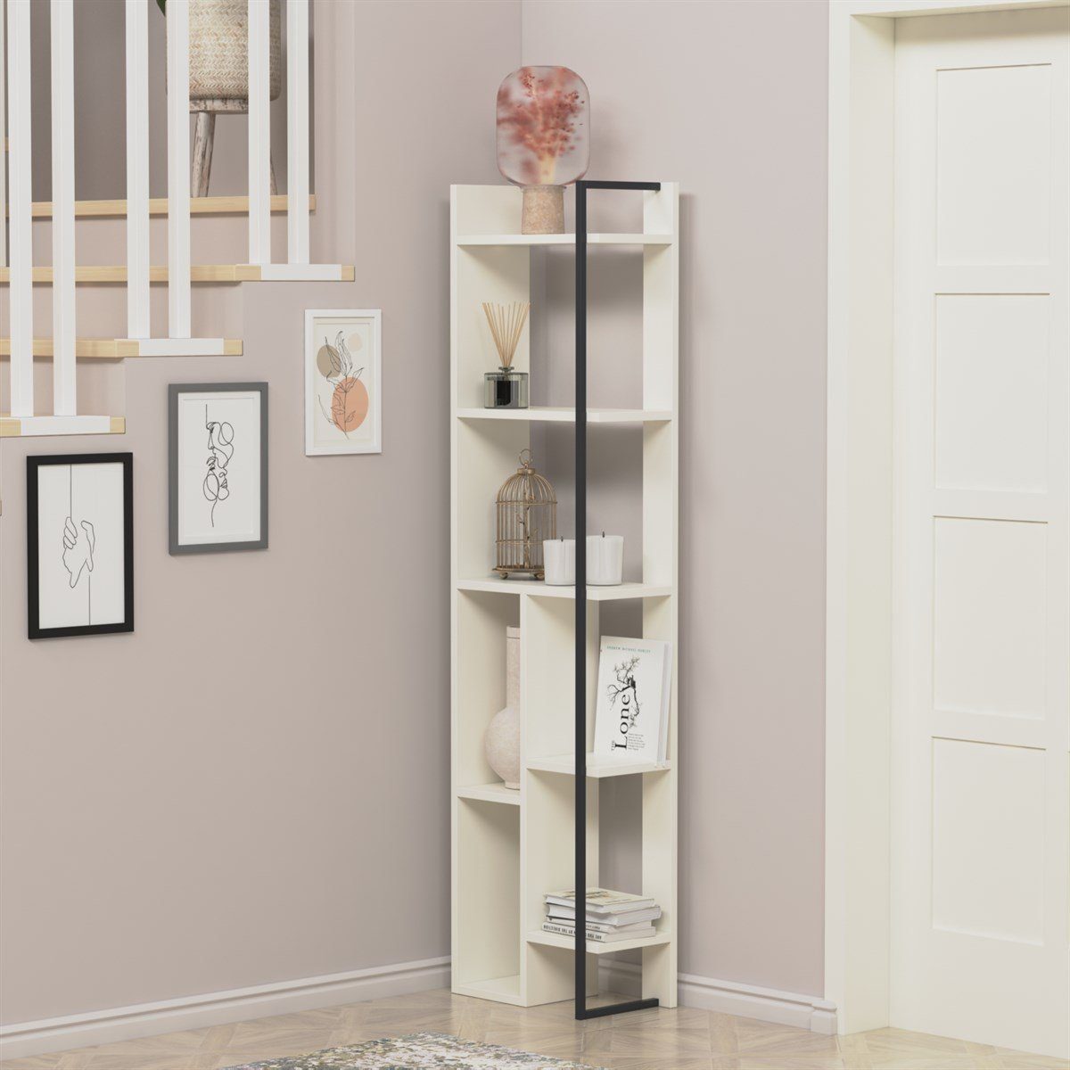 Raft de colt, Quasar & Co.®, mobilier living/dormitor, 42 x 23 x 160 cm, MDF, alb mat