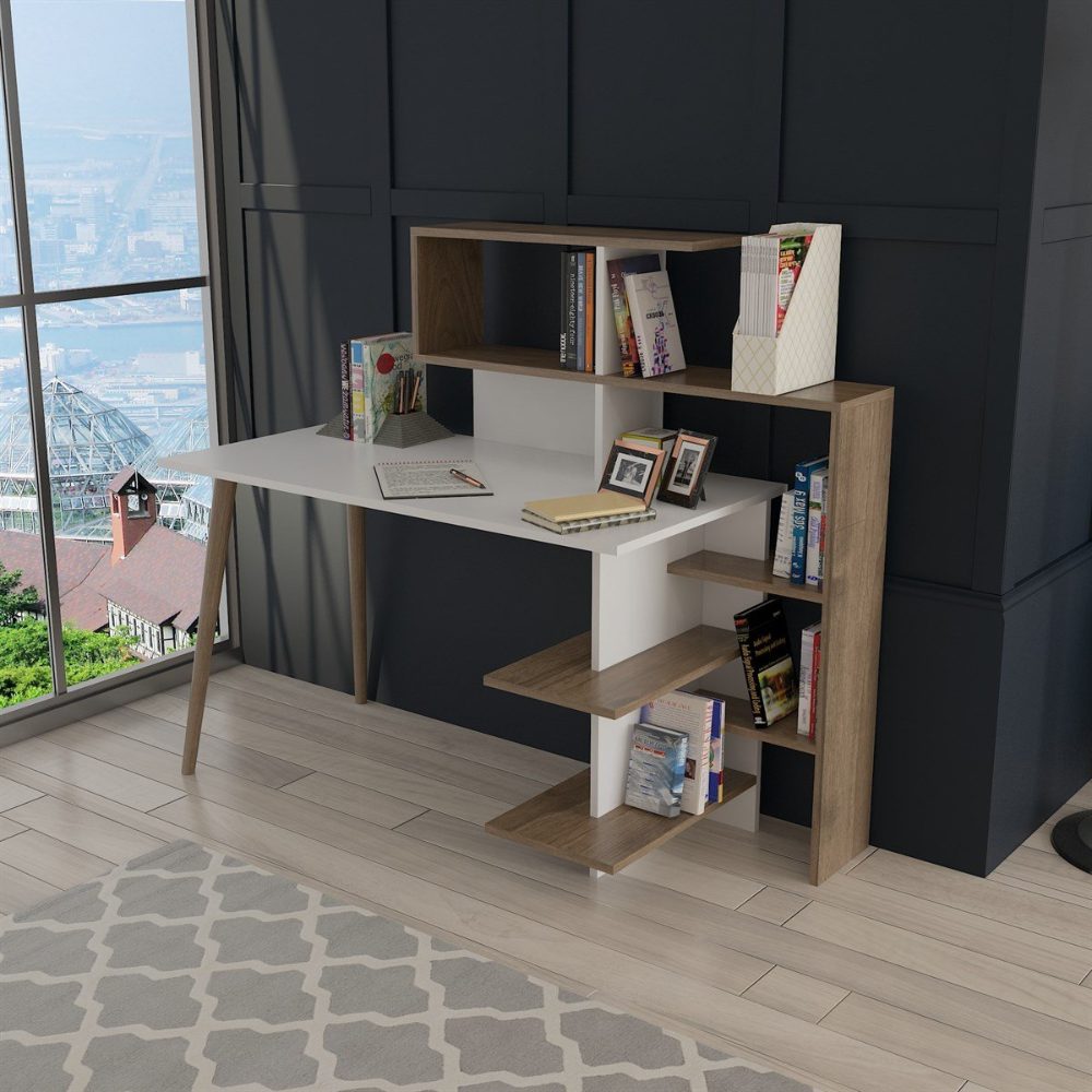 44026018.2 Birou, Quasar & Co.®, mobilier living/office, 141.8 x 60 x 121.4 cm, MDF, alb/nuc