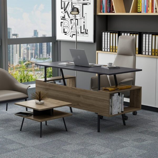 Set birou cu masa cafea, Quasar & Co.®, mobilier living/office, 140 x 60 x 73.8 cm/45 x 45 x 35 cm, gri/nuc brun - imagine 1