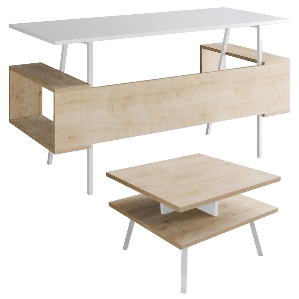 Set birou cu masa cafea, Quasar & Co.®, mobilier living/office, 140 x 60 x 73.8 cm/45 x 45 x 35 cm, stejar/alb intens 2 Set birou cu masa cafea, Quasar & Co.®, mobilier living/office, 140 x 60 x 73.8 cm/45 x 45 x 35 cm, stejar/alb intens 2