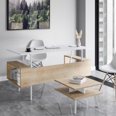 Set birou cu masa cafea, Quasar & Co.®, mobilier living/office, 140 x 60 x 73.8 cm/45 x 45 x 35 cm, stejar/alb intens 11 Set birou cu masa cafea, Quasar & Co.®, mobilier living/office, 140 x 60 x 73.8 cm/45 x 45 x 35 cm, stejar/alb intens 11