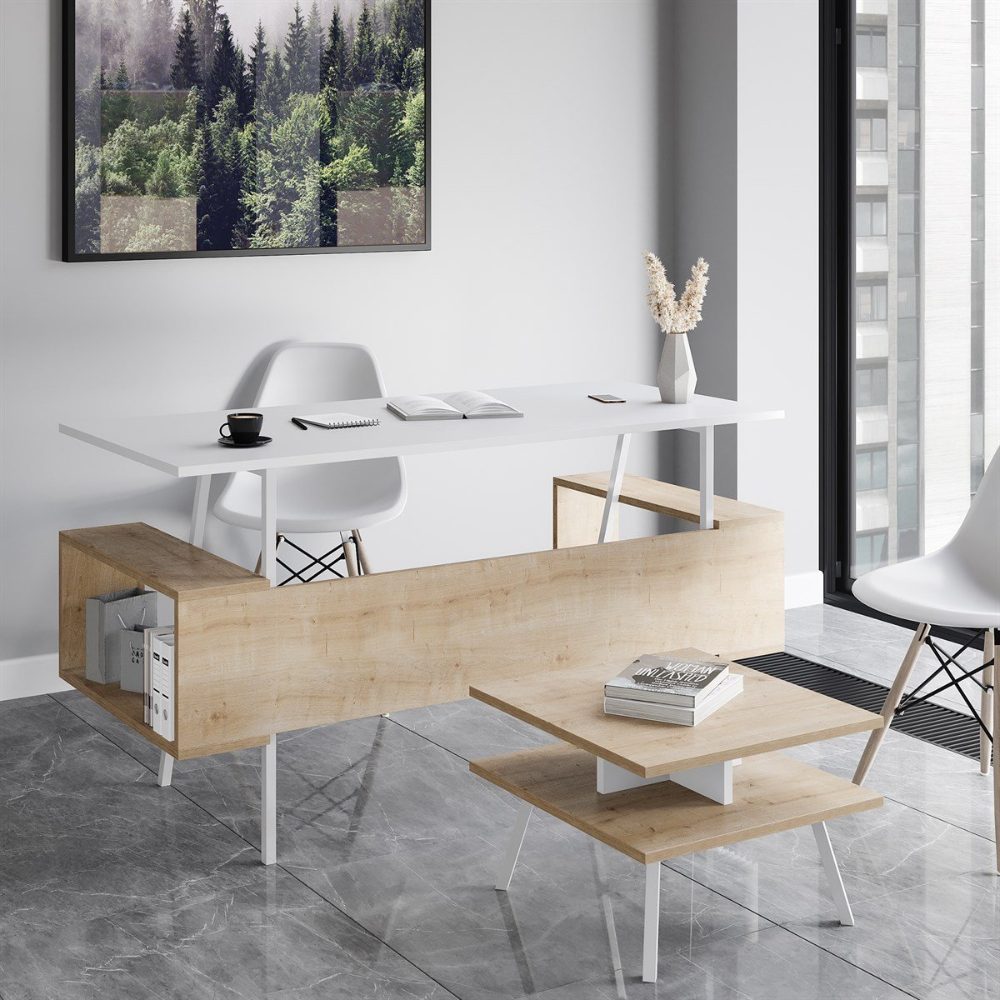 44026023.2 Set birou cu masa cafea, Quasar & Co.®, mobilier living/office, 140 x 60 x 73.8 cm/45 x 45 x 35 cm, stejar/alb intens