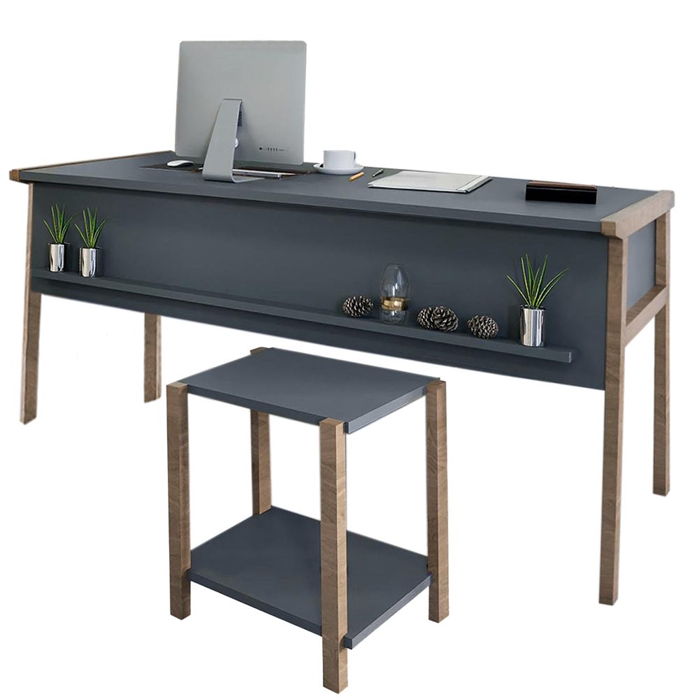 Set birou cu masa cafea, Quasar & Co.®, mobilier living/office, 150 x 60 x 74 cm/45 x 29 x 44 cm, gri inchis/nuc