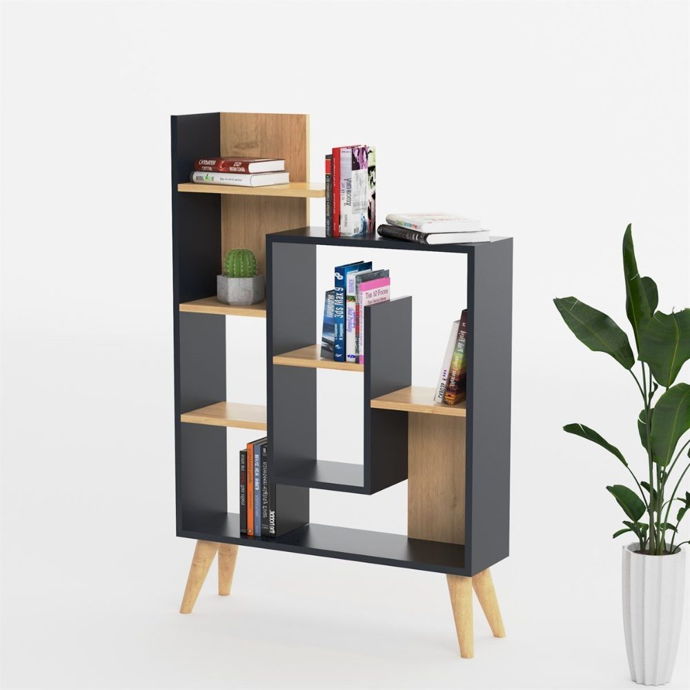 Biblioteca, Quasar & Co.®, mobilier living, 82 x 22 x 126,2 cm, MDF, gri/stejar 5