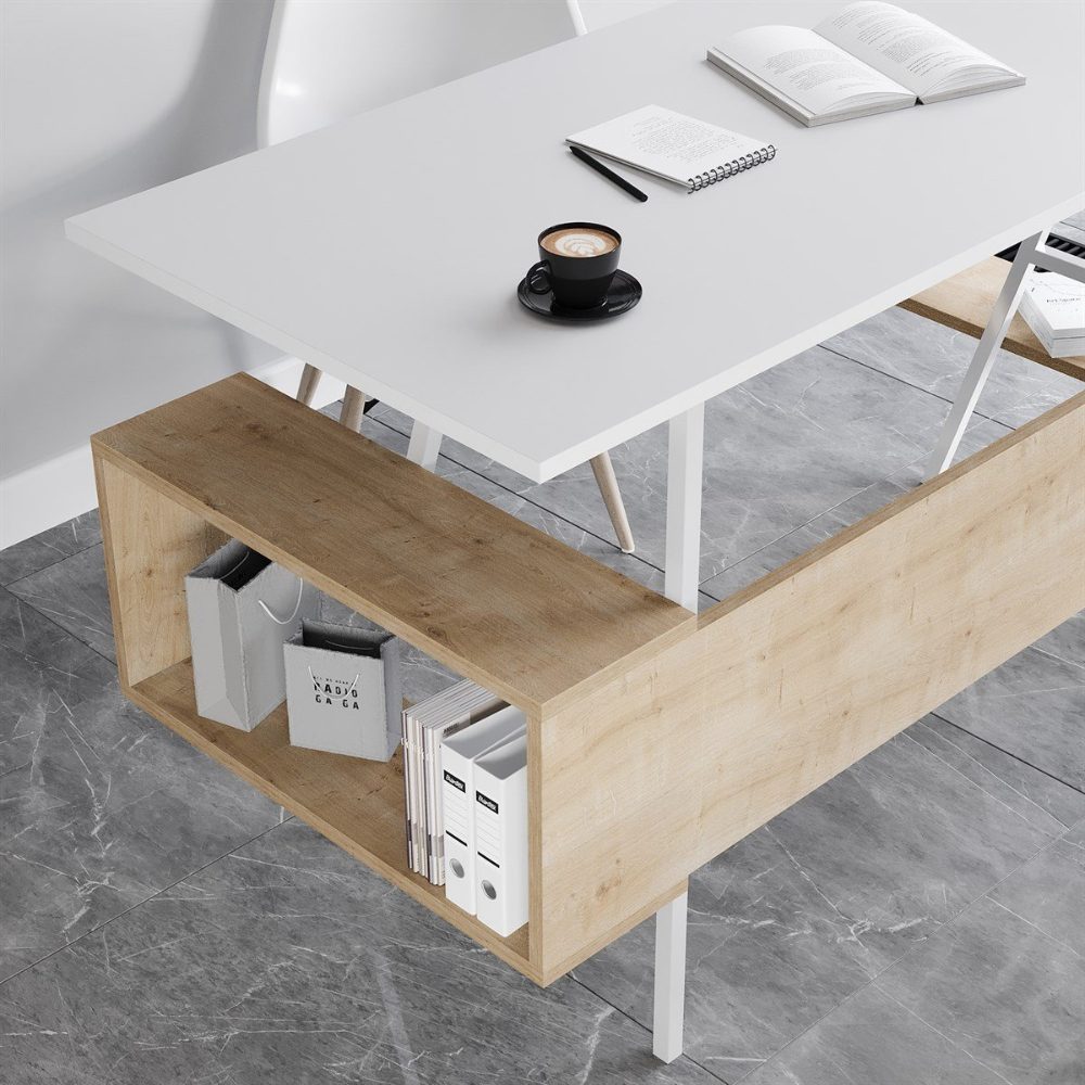 Birou, Quasar & Co.®, mobilier living/office, 140 x 60 x 73.8 cm, MDF, alb/stejar 4