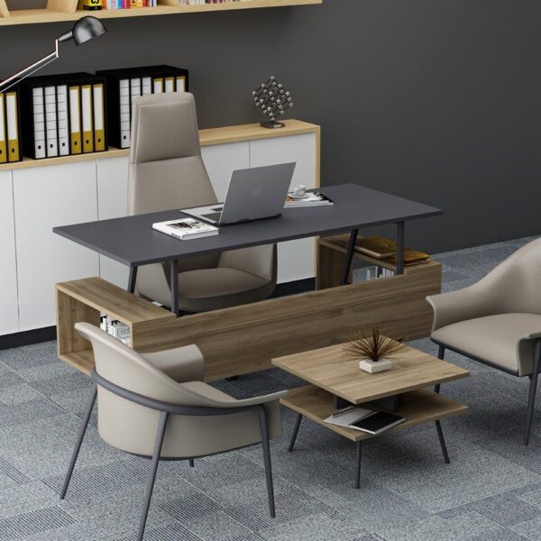 Set birou cu masa cafea, Quasar & Co.®, mobilier living/office, 140 x 60 x 73.8 cm/45 x 45 x 35 cm, gri/nuc brun - imagine 5