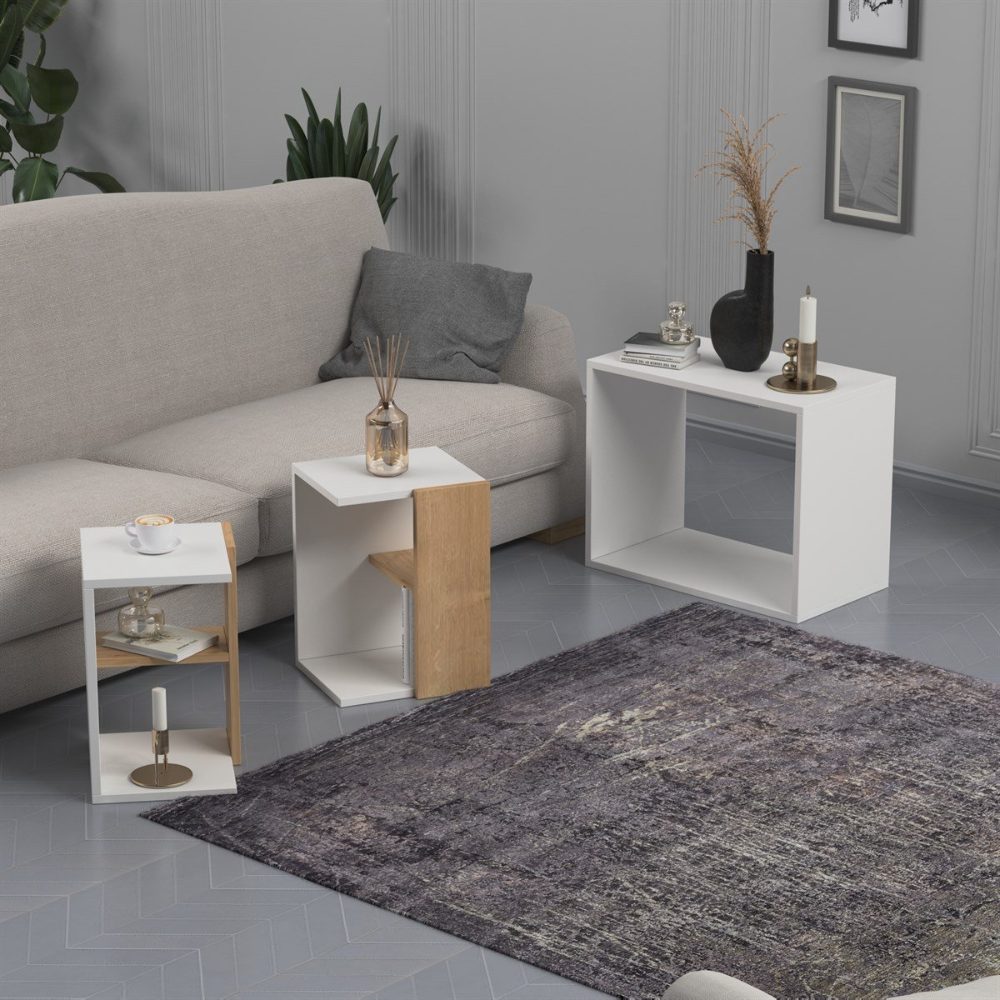 Masuta cafea, Quasar & Co.®, cu 3 corpuri, 62 x 34 x 49 cm, MDF, alb/stejar 6 Masuta cafea, Quasar & Co.®, cu 3 corpuri, 62 x 34 x 49 cm, MDF, alb/stejar 6