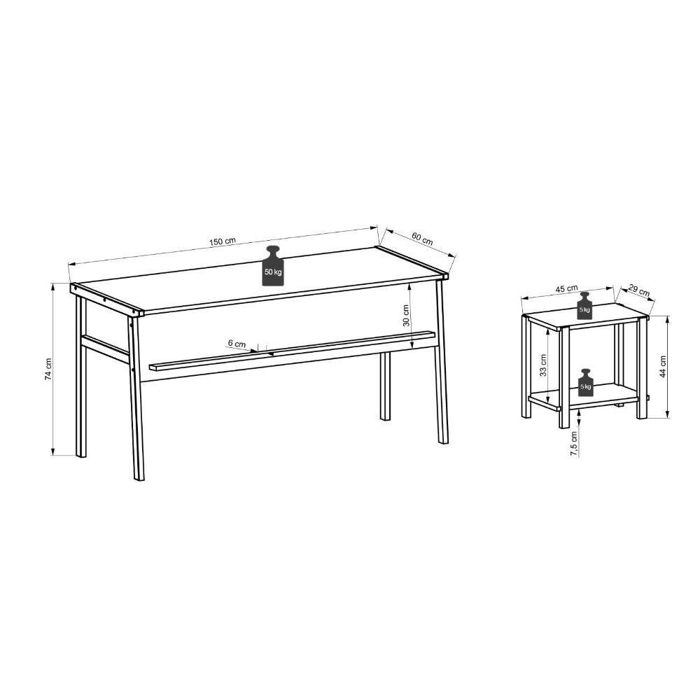 Set birou cu masa cafea, Quasar & Co.®, mobilier living/office, 150 x 60 x 74 cm/45 x 29 x 44 cm, gri inchis/nuc 7