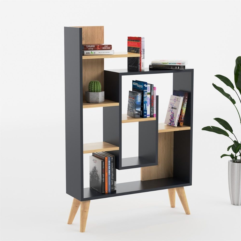 Biblioteca, Quasar & Co.®, mobilier living, 82 x 22 x 126,2 cm, MDF, gri/stejar 6