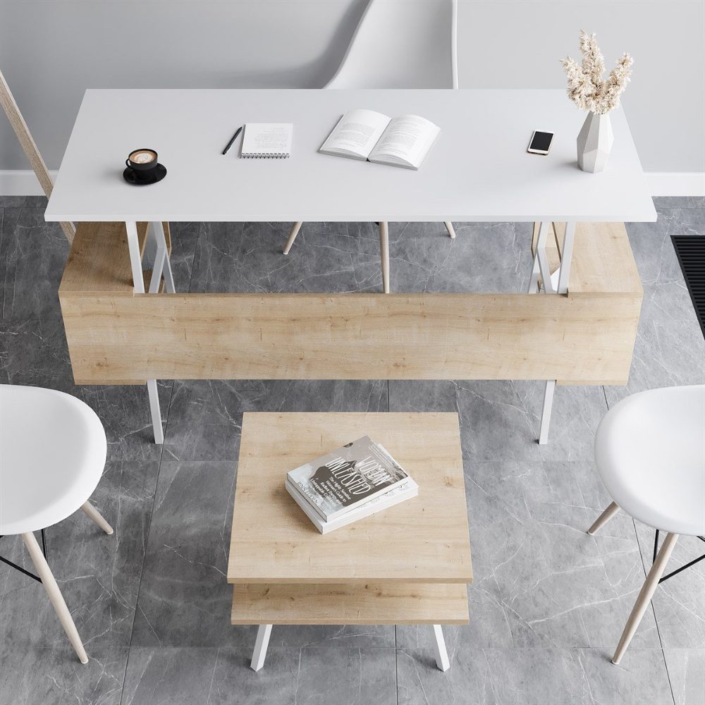 Set birou cu masa cafea, Quasar & Co.®, mobilier living/office, 140 x 60 x 73.8 cm/45 x 45 x 35 cm, stejar/alb intens 7 Set birou cu masa cafea, Quasar & Co.®, mobilier living/office, 140 x 60 x 73.8 cm/45 x 45 x 35 cm, stejar/alb intens 7