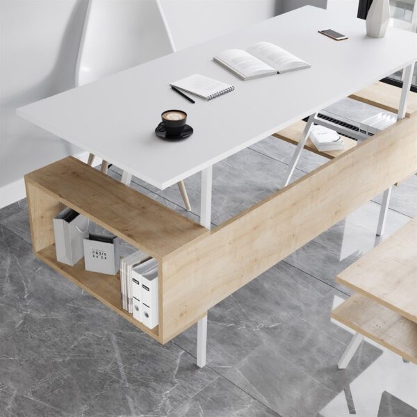 Set birou cu masa cafea, Quasar & Co.®, mobilier living/office, 140 x 60 x 73.8 cm/45 x 45 x 35 cm, stejar/alb intens - imagine 8