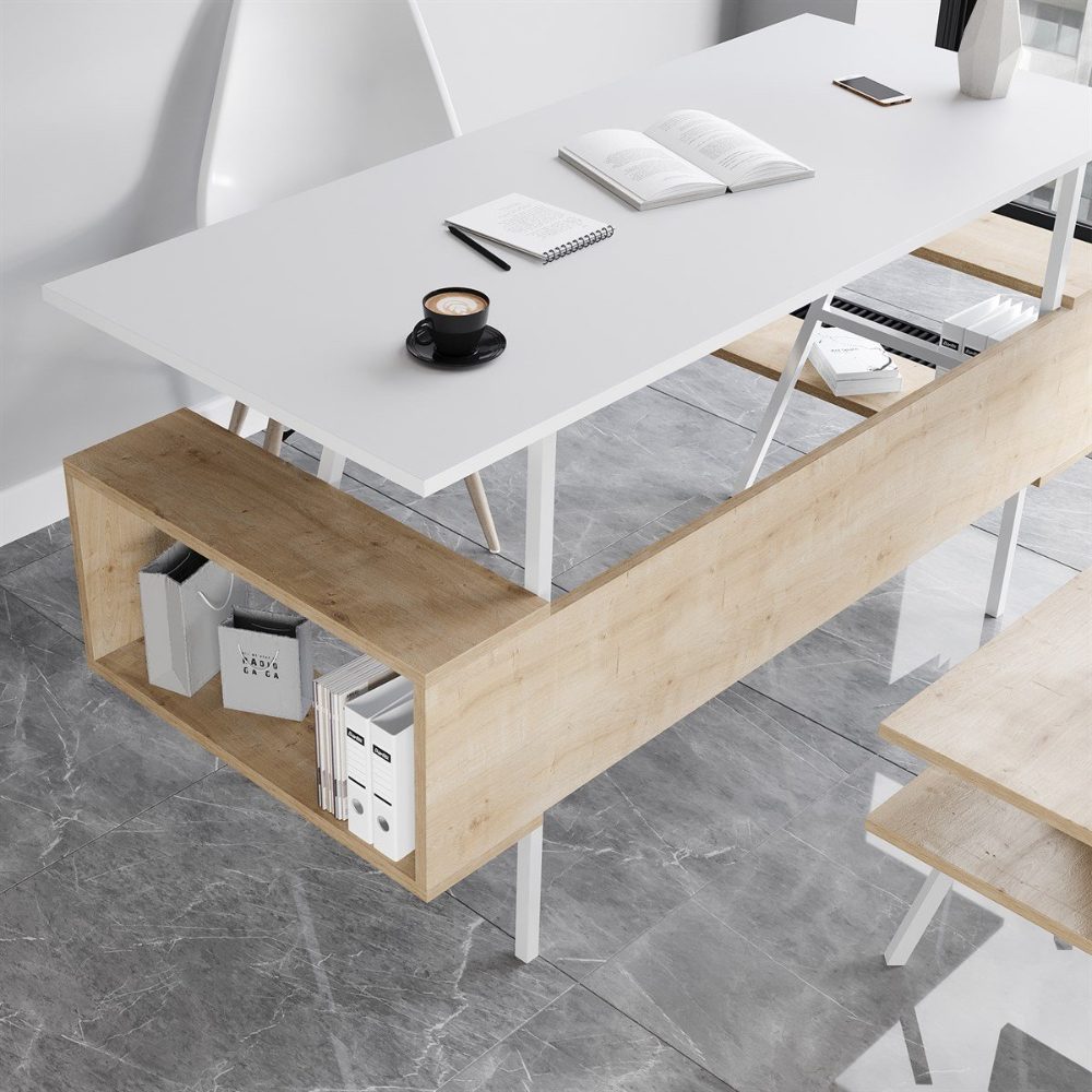 Set birou cu masa cafea, Quasar & Co.®, mobilier living/office, 140 x 60 x 73.8 cm/45 x 45 x 35 cm, stejar/alb intens 8 Set birou cu masa cafea, Quasar & Co.®, mobilier living/office, 140 x 60 x 73.8 cm/45 x 45 x 35 cm, stejar/alb intens 8