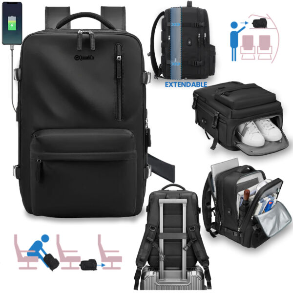 Rucsac Quasar & Co.®, bagaj de mana avion, multifunctional, extensibil, impermeabil, compartiment pantofi, compartiment laptop, sistem agatare pe troler, rucsac calatorie/voiaj pretabil drumetii/scoala, cu USB, textil, 43x30x20-28 cm, negru Rucsacuri 2026-04-29 2