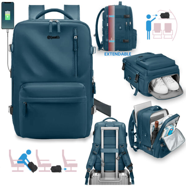 Rucsac Quasar & Co.®, bagaj de mana avion, multifunctional, extensibil, impermeabil, compartiment pantofi, compartiment laptop, sistem agatare pe troler, rucsac calatorie/voiaj pretabil drumetii/scoala, cu USB, textil, 43x30x20-28 cm, verde inchis Rucsacuri 2026-04-29 2