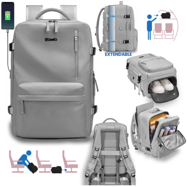 Rucsac Quasar & Co.®, bagaj de mana avion, multifunctional, extensibil, impermeabil, compartiment pantofi, compartiment laptop, sistem agatare pe troler, rucsac calatorie/voiaj pretabil drumetii/scoala, cu USB, textil, 43x30x20-28 cm, gri deschis Rucsacuri 2026-04-29 2
