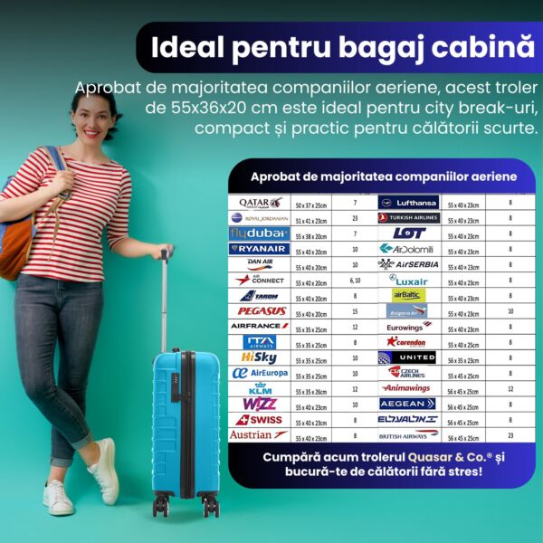 Troler cabina avion Quasar & Co.®, 55x36x20cm, bagaj de mana, troller cu fermoar antifurt, cifru, maner telescopic lung, geamantan cu 4 roti duble silentioase 360°, valiza ABS 2.8 mm, rezistent, 2 compartimente cu buzunar, 10kg, LINE, turcoaz - imagine 10