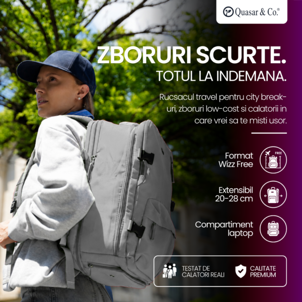 Rucsac bagaj de mana avion Quasar & Co.®, extensibil 43x30x20-28 cm, rucsac calatorie/voiaj multifunctional, impermeabil, compartiment pantofi, compartiment laptop, sistem agatare pe troler, pretabil drumetii/scoala, cu USB, textil, gri deschis