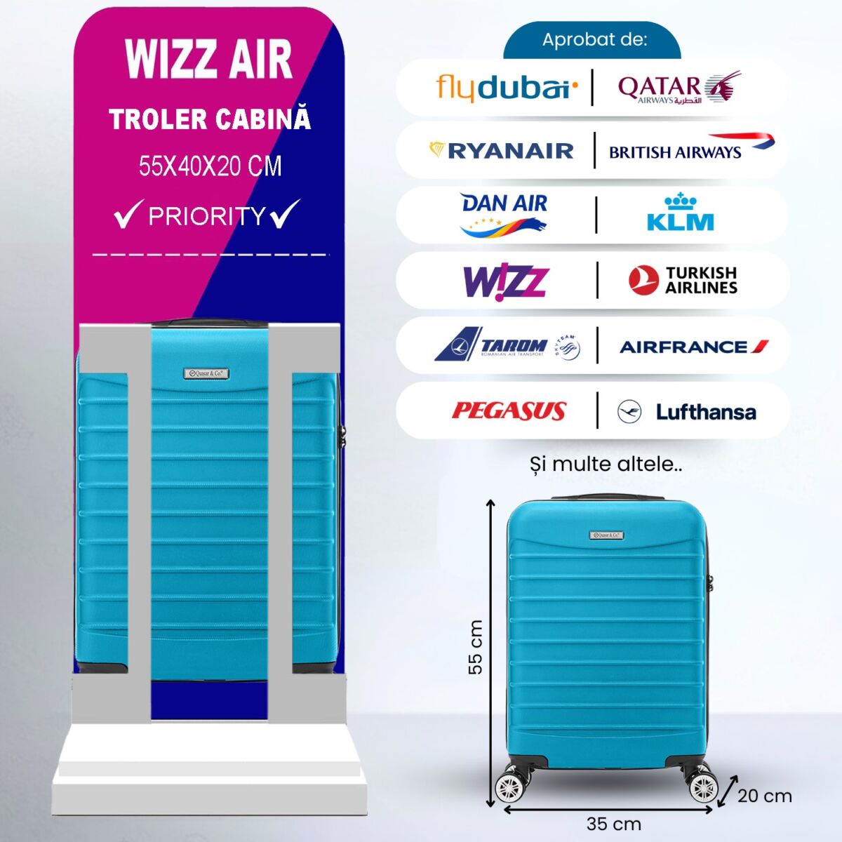 Troler cabina avion Quasar & Co.®, 55x36x20cm, bagaj de mana, troller cu fermoar antifurt, cifru, maner telescopic lung, geamantan cu 4 roti duble silentioase 360°, valiza ABS 2.8 mm, rezistent, 2 compartimente cu buzunar, 10kg, LINE, turcoaz 2