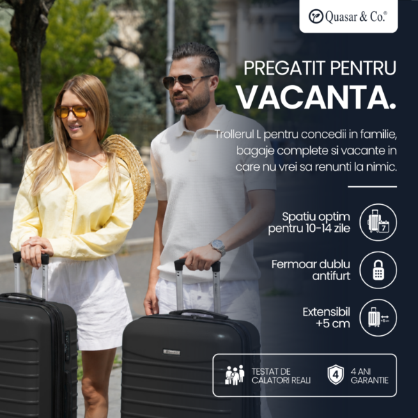 Troler mare extensibil Quasar & Co.®, 77x53x32-37cm, bagaj de cala, troller avion cu fermoar antifurt, cifru, maner telescopic, geamantan cu 4 roti duble silentioase 360°, valiza ABS 2.8 mm, 2 compartimente cu buzunar, LINE, Negru Troler mare extensibil Quasar & Co.®, 77x53x32-37cm, bagaj de cala, troller avion cu fermoar antifurt, cifru, maner telescopic, geamantan cu 4 roti duble silentioase 360°, valiza ABS 2.8 mm, 2 compartimente cu buzunar, LINE, Negru