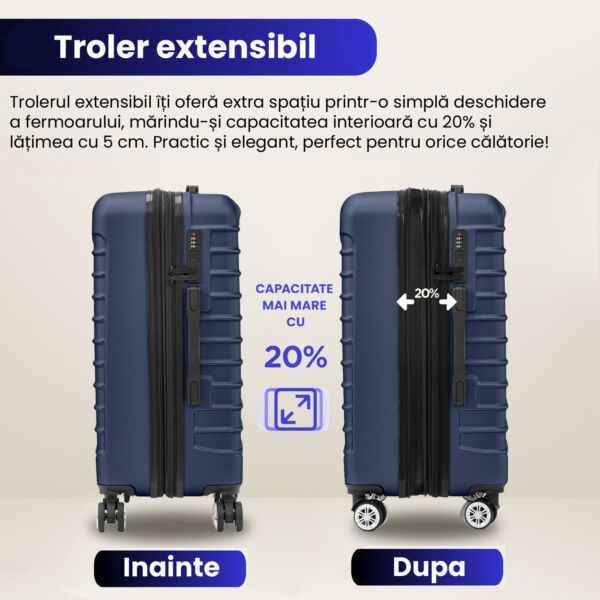 Troler mare extensibil Quasar & Co.®, 77x49x31-36cm, bagaj de cala, troller avion cu fermoar antifurt, cifru, maner telescopic, geamantan cu 4 roti duble silentioase 360°, valiza ABS 2.8 mm, 2 compartimente cu buzunar, LINE, Bleumarin Trolere mari 2026-04-18