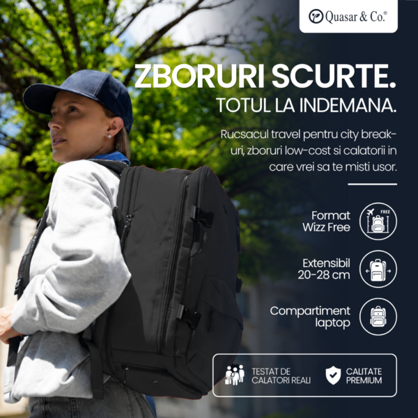 Rucsac bagaj de mana avion Quasar & Co.®, extensibil 43x30x20-28 cm, rucsac calatorie/voiaj multifunctional, impermeabil, compartiment pantofi, compartiment laptop, sistem agatare pe troler, pretabil drumetii/scoala, cu USB, textil, negru