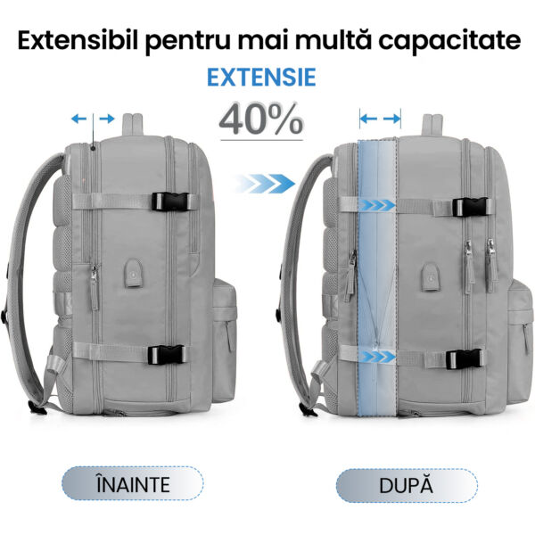 Rucsac Quasar & Co.®, bagaj de mana avion, multifunctional, extensibil, impermeabil, compartiment pantofi, compartiment laptop, sistem agatare pe troler, rucsac calatorie/voiaj pretabil drumetii/scoala, cu USB, textil, 43x30x20-28 cm, gri deschis Rucsacuri 2026-04-29