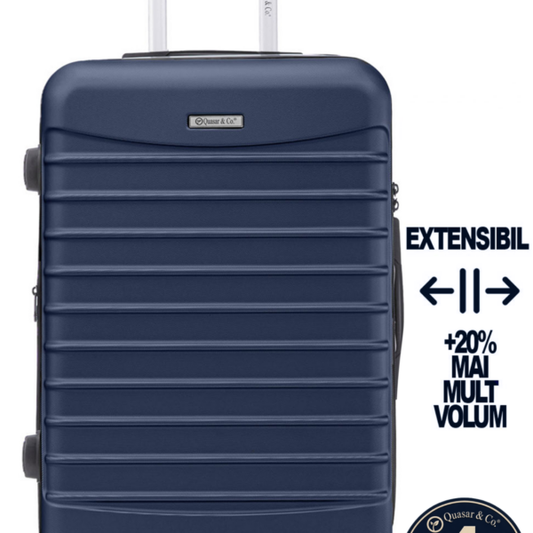 Troler mare extensibil Quasar & Co.®, 77x53x32-37cm, bagaj de cala, troller avion cu fermoar antifurt, cifru, maner telescopic, geamantan cu 4 roti duble silentioase 360°, valiza ABS 2.8 mm, 2 compartimente cu buzunar, LINE, Bleumarin 2 Troler mare extensibil Quasar & Co.®, 77x53x32-37cm, bagaj de cala, troller avion cu fermoar antifurt, cifru, maner telescopic, geamantan cu 4 roti duble silentioase 360°, valiza ABS 2.8 mm, 2 compartimente cu buzunar, LINE, Bleumarin
