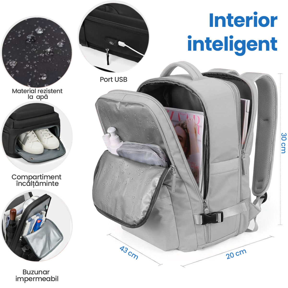 Rucsac voiaj, Quasar & Co.®, bagaj mana avion extensibil 43x30x20-28 cm + husa haine + sac rufe + trusa calatorie, rucsac calatorie multifunctional, impermeabil, compartiment pantofi, compartiment laptop, sistem agatare pe troler, textil, gri/gri 3 Rucsac voiaj, Quasar & Co.®, bagaj mana avion extensibil 43x30x20-28 cm + husa haine + sac rufe + trusa calatorie, rucsac calatorie multifunctional, impermeabil, compartiment pantofi, compartiment laptop, sistem agatare pe troler, textil, gri/gri 3