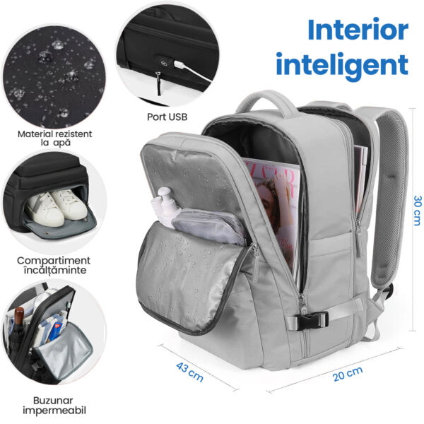 Rucsac voiaj, Quasar & Co.®, bagaj mana avion extensibil 43x30x20-28 cm + husa haine + sac rufe + trusa calatorie, rucsac calatorie multifunctional, impermeabil, compartiment pantofi, compartiment laptop, sistem agatare pe troler, textil, gri/gri - imagine 3