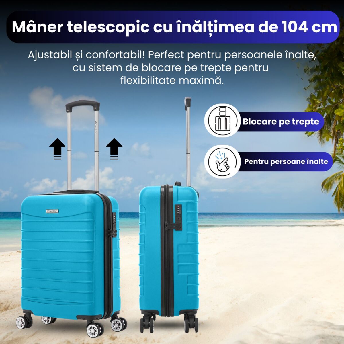 Troler cabina avion Quasar & Co.®, 55x36x20cm, bagaj de mana, troller cu fermoar antifurt, cifru, maner telescopic lung, geamantan cu 4 roti duble silentioase 360°, valiza ABS 2.8 mm, rezistent, 2 compartimente cu buzunar, 10kg, LINE, turcoaz 4