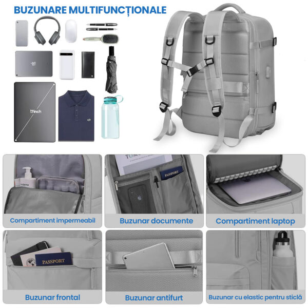 Rucsac voiaj, Quasar & Co.®, bagaj mana avion extensibil 43x30x20-28 cm + husa haine + sac rufe + trusa calatorie, rucsac calatorie multifunctional, impermeabil, compartiment pantofi, compartiment laptop, sistem agatare pe troler, textil, gri/gri - imagine 4
