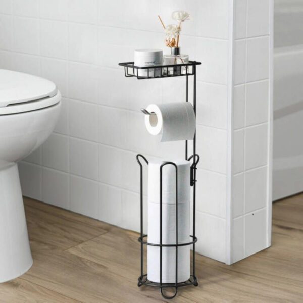 Suport hartie igienica, Quasar & Co.®, cu raft depozitare si raft servetele umede, patrat, 16 x 16 x 60 cm, metal, negru - imagine 5