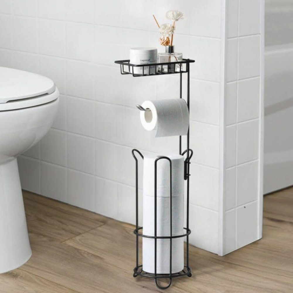 Suport hartie igienica, Quasar & Co.®, cu raft depozitare si raft servetele umede, patrat, 16 x 16 x 60 cm, metal, negru 5
