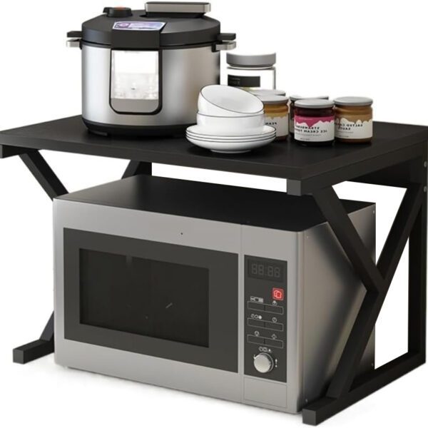 Raft cuptor microunde, Quasar & Co.®, suport bucatarie, rafturi cu 3 carlige, etajera cu cadru metalic si polita lemn, model Kraft, 54 x 37 x 34,5 cm, negru Rafturi 2026-04-18 2