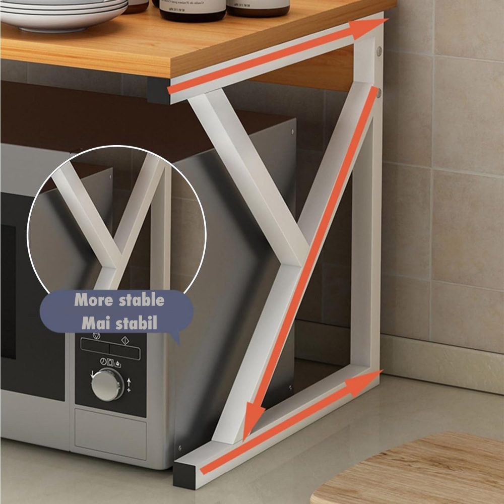 Raft cuptor microunde, Quasar & Co.®, suport bucatarie, rafturi cu 3 carlige, etajera cu cadru metalic si polita lemn, model Kraft, 54 x 37 x 34,5 cm alb-bej 7