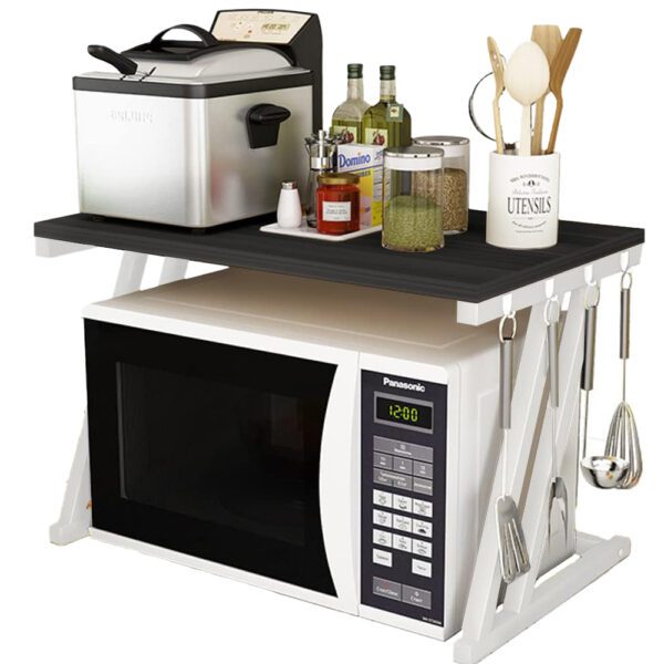 Raft cuptor microunde, Quasar & Co.®, suport bucatarie, rafturi cu 6 carlige, etajera cu cadru metalic si polite lemn, model Z-Micro, 57 x 38 x 38 cm, alb-negru Rafturi 2026-04-18 2
