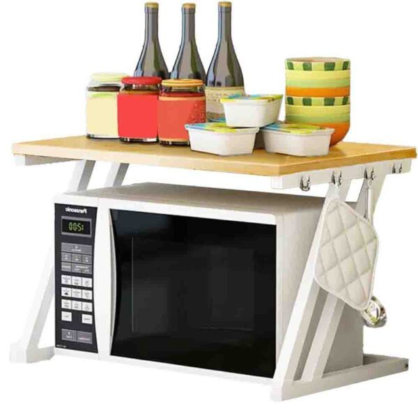 Raft cuptor microunde, Quasar & Co.®, suport bucatarie, rafturi cu 6 carlige, etajera cu cadru metalic si polite lemn, model Z-Micro, 57 x 38 x 38 cm, alb-crem Rafturi 2026-04-18 2