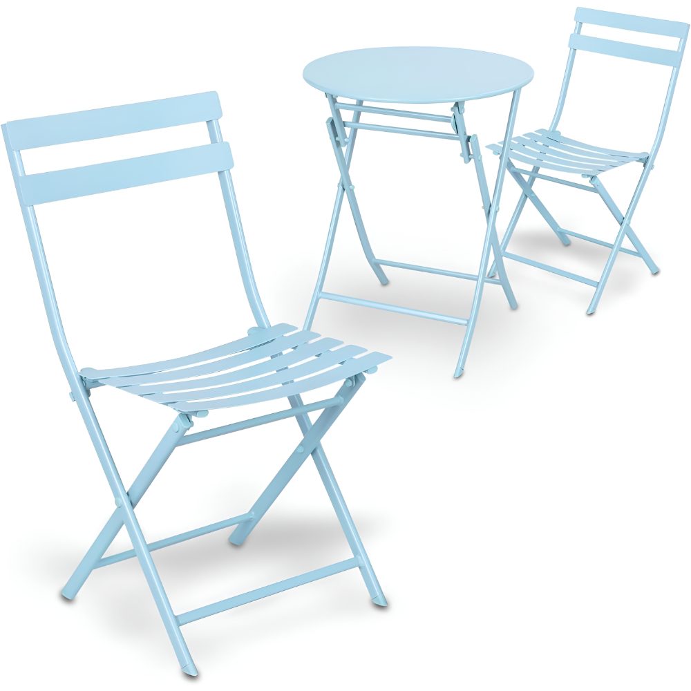 Set mobilier gradina, Quasar & Co.®, pentru balcon, terasa, bistro, format din masa si 2 scaune, pliabil, metal, albastru deschis