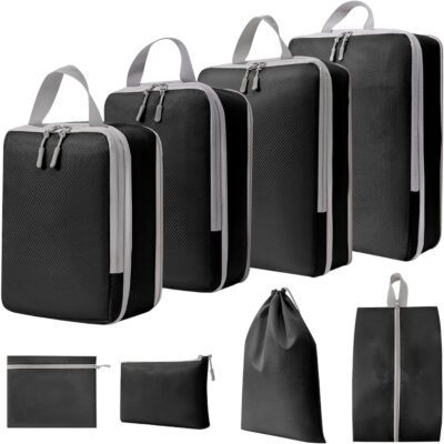 Set 8 huse organizare bagaj, Quasar & Co.®, impermeabile, 4 cu compresie/extensie, 1 husa pantofi, 1 husa tip sac, 1 husa universala, 1 geanta cosmetice, negru 9 Set 8 huse organizare bagaj, Quasar & Co.®, impermeabile, 4 cu compresie/extensie, 1 husa pantofi, 1 husa tip sac, 1 husa universala, 1 geanta cosmetice, negru 9