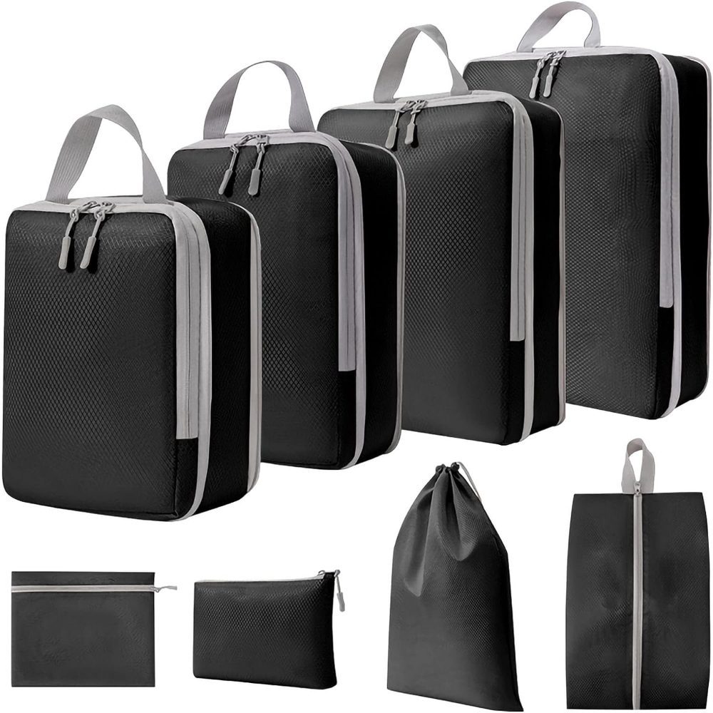 44041031-1 Set 8 huse organizare bagaj, Quasar & Co.®, impermeabile, 4 cu compresie/extensie, 1 husa pantofi, 1 husa tip sac, 1 husa universala, 1 geanta cosmetice, negru