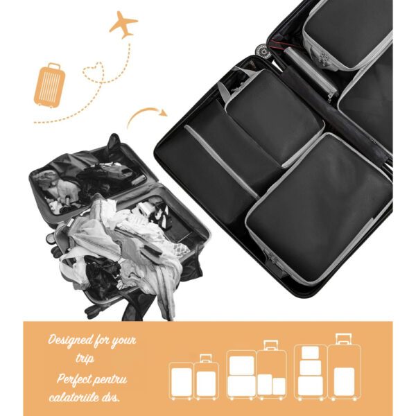Set 8 huse organizare bagaj, Quasar & Co.®, impermeabile, 4 cu compresie/extensie, 1 husa pantofi, 1 husa tip sac, 1 husa universala, 1 geanta cosmetice, negru - imagine 3