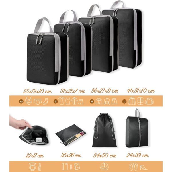 Set 8 huse organizare bagaj, Quasar & Co.®, impermeabile, 4 cu compresie/extensie, 1 husa pantofi, 1 husa tip sac, 1 husa universala, 1 geanta cosmetice, negru - imagine 8