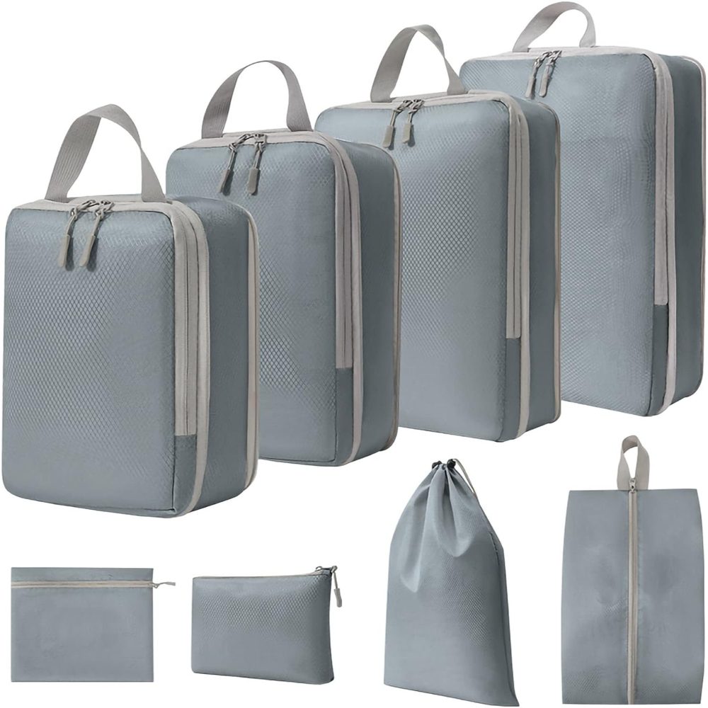 44041032-1 Set 8 huse organizare bagaj, Quasar & Co.®, impermeabile, 4 cu compresie/extensie, 1 husa pantofi, 1 husa tip sac, 1 husa universala, 1 geanta cosmetice, gri