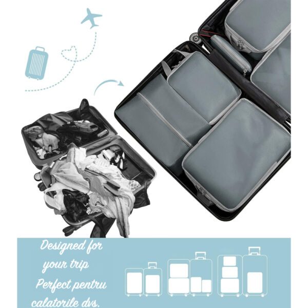 Set 8 huse organizare bagaj, Quasar & Co.®, impermeabile, 4 cu compresie/extensie, 1 husa pantofi, 1 husa tip sac, 1 husa universala, 1 geanta cosmetice, gri - imagine 3
