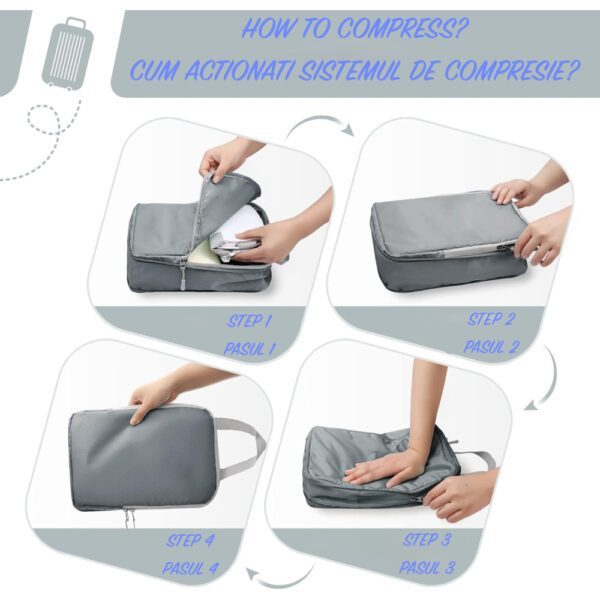 Set 8 huse organizare bagaj, Quasar & Co.®, impermeabile, 4 cu compresie/extensie, 1 husa pantofi, 1 husa tip sac, 1 husa universala, 1 geanta cosmetice, gri - imagine 6