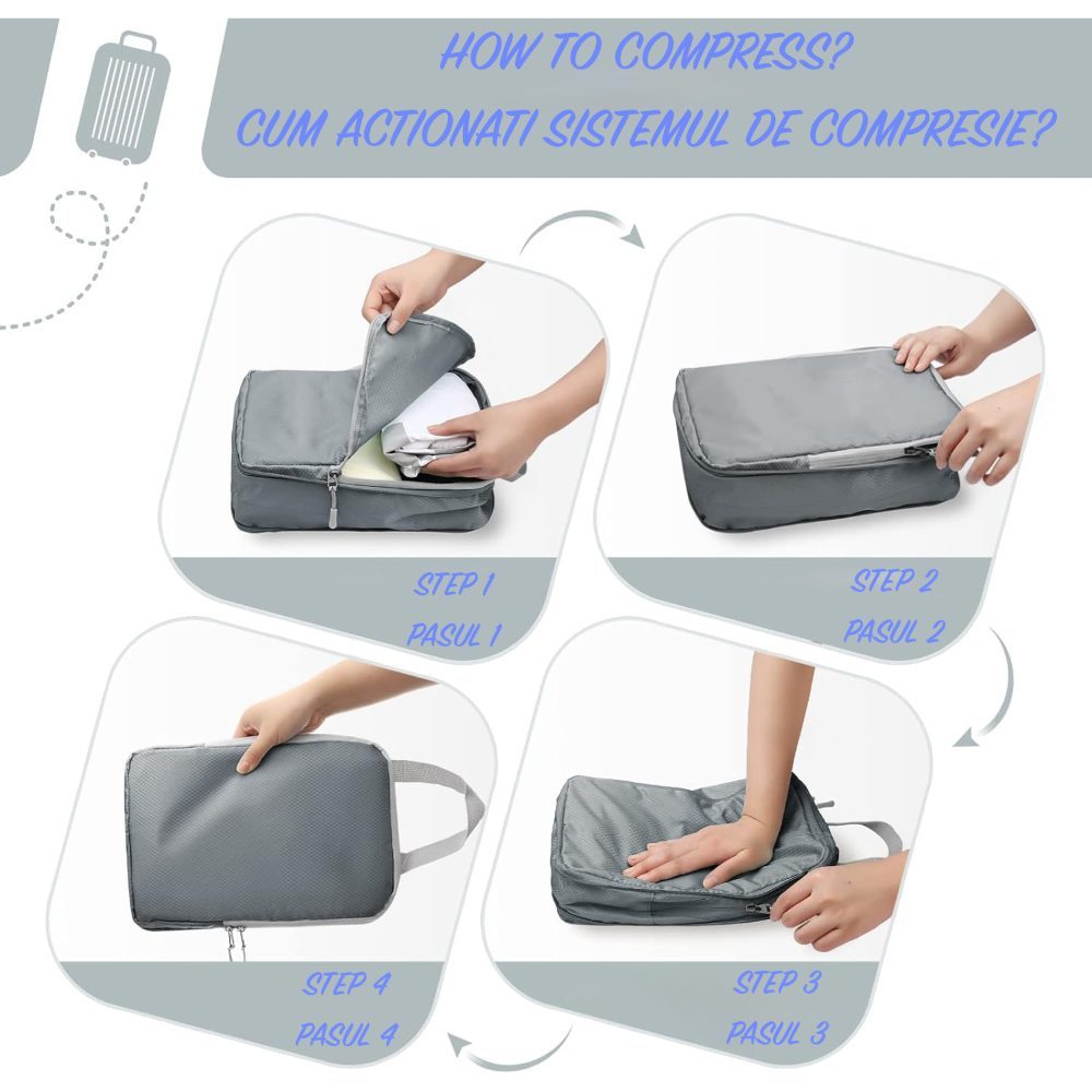 Set 8 huse organizare bagaj, Quasar & Co.®, impermeabile, 4 cu compresie/extensie, 1 husa pantofi, 1 husa tip sac, 1 husa universala, 1 geanta cosmetice, gri 6 Set 8 huse organizare bagaj, Quasar & Co.®, impermeabile, 4 cu compresie/extensie, 1 husa pantofi, 1 husa tip sac, 1 husa universala, 1 geanta cosmetice, gri 6