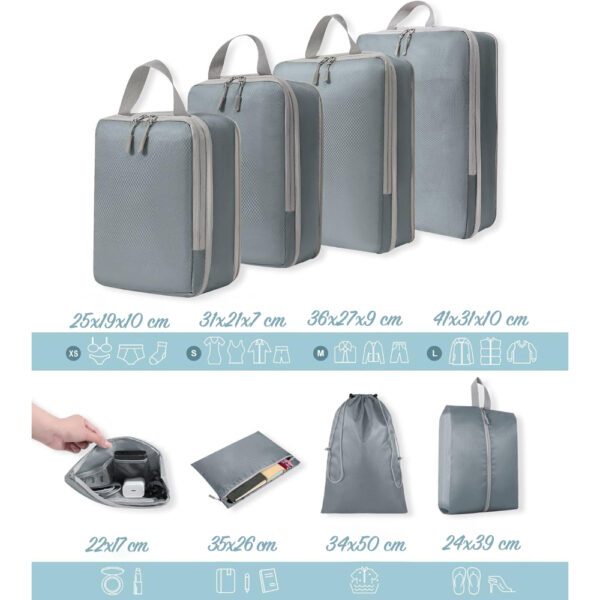 Set 8 huse organizare bagaj, Quasar & Co.®, impermeabile, 4 cu compresie/extensie, 1 husa pantofi, 1 husa tip sac, 1 husa universala, 1 geanta cosmetice, gri - imagine 8