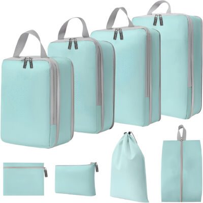 Set 8 huse organizare bagaj, Quasar & Co.®, impermeabile, 4 cu compresie/extensie, 1 husa pantofi, 1 husa tip sac, 1 husa universala, 1 geanta cosmetice, turcoaz 9