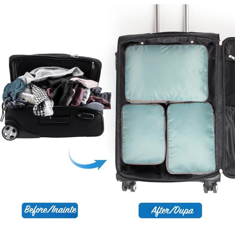 Set 8 huse organizare bagaj, Quasar & Co.®, impermeabile, 4 cu compresie/extensie, 1 husa pantofi, 1 husa tip sac, 1 husa universala, 1 geanta cosmetice, turcoaz 2