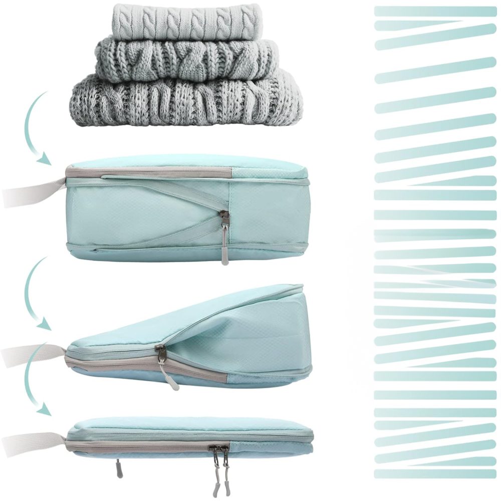 Set 8 huse organizare bagaj, Quasar & Co.®, impermeabile, 4 cu compresie/extensie, 1 husa pantofi, 1 husa tip sac, 1 husa universala, 1 geanta cosmetice, turcoaz 5